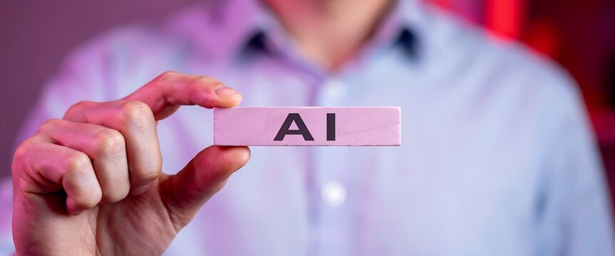 Businessman holding AI block. Professional showing artificial intelligence concept.