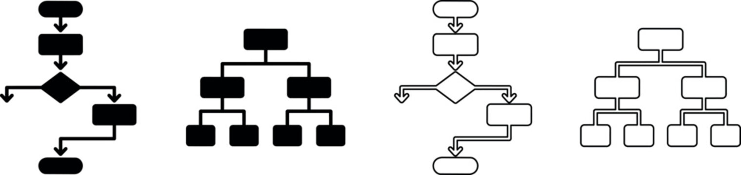 Set of flowchart and organizational chart icons for process and structure visualization
