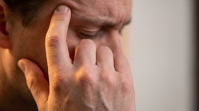 Sad overworked man touching temple close up suffering from severe migraine tension headache or depression symptoms