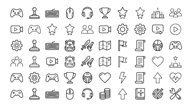 Gaming line icon set, 60 esports and video game vector symbols, minimalist gaming equipment and interface elements for streaming and apps