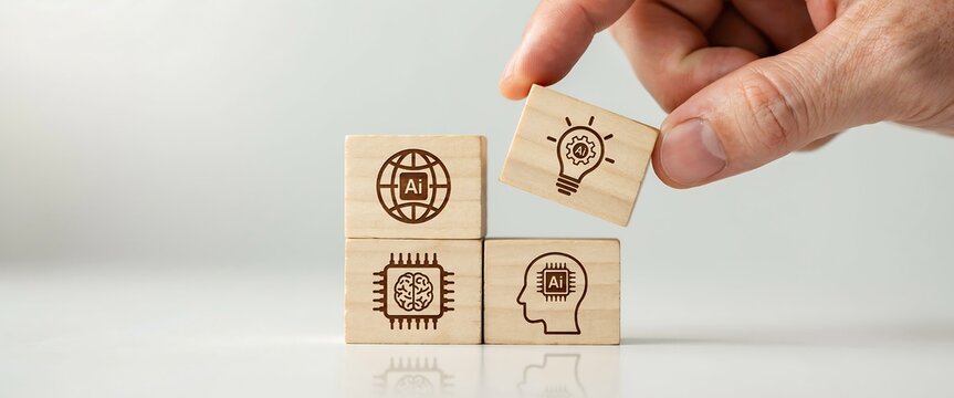 Hand stacking wooden blocks with AI icons. Business strategy for artificial intelligence.