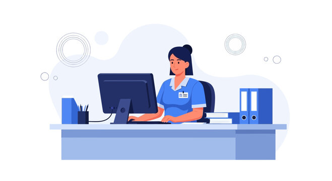 Nurse working at reception desk with computer in modern hospital setting