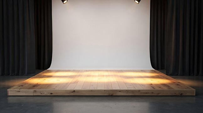 Empty stage with wooden floor and spotlight illumination, ready for performance or presentation.