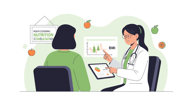 Nutritionist consulting patient on health and BMI, showing charts on tablet and screen