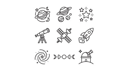 Minimalist space exploration icons set, black line astronomy symbols with planets and rocket, 9 celestial vector elements for science education © Tazeen
