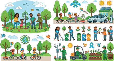 Set of illustrations depicting people engaging in ecofriendly activities like tree planting, recycling, and using sustainable transport