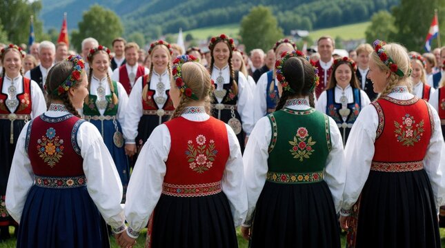 Norwegian women wear colorful traditional bunads at outdoor gathering. They hold hands forming circle dance, celebrating heritage. Diverse regional styles shown.