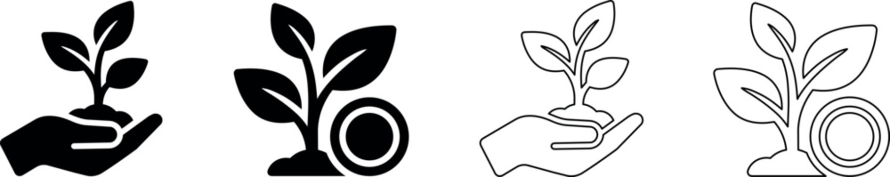 Plant seedling growing in hand with coin symbolizing financial growth