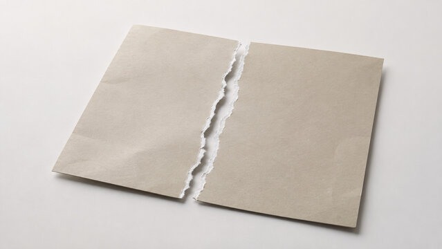 Torn Blank Paper Sheet Divided in Two Half Parts Isolated on White Background Concept for Contract Termination Separation Divorce Breakup and Document Damage Mockup