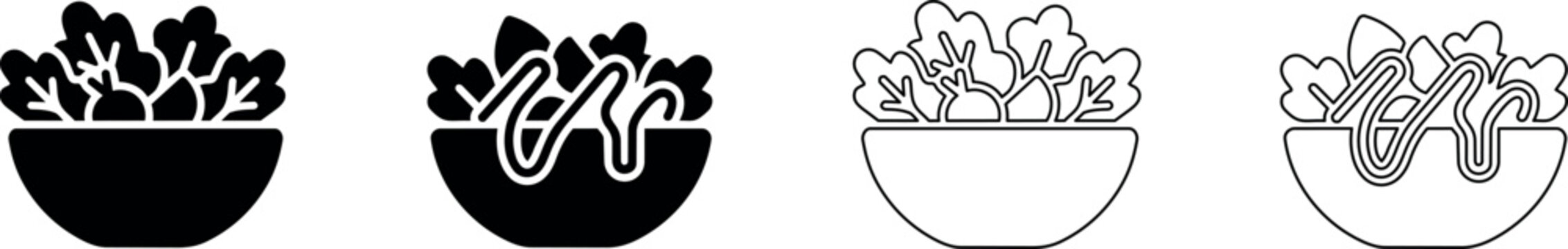 Simple icons representing a bowl of salad with and without dressing