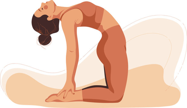 Woman practicing camel yoga pose ustrasana for flexibility and back stretching on yoga mat with ustrasana flexibility stretching backbend exercise wellness training lifestyle movement