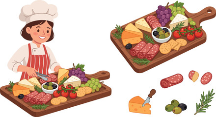 Chef preparing a gourmet charcuterie board with cheese, salami, grapes, and olives