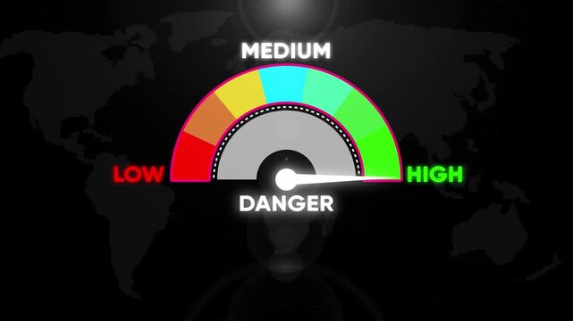 Danger level gauge meter animation with global risk indicator
