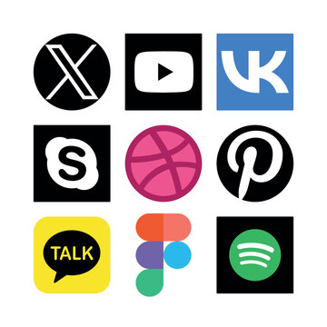 Set of flat vector social media logos including X, YouTube, VK, Skype, Dribbble, Pinterest, KakaoTalk, Figma, and Spotify arranged in a 3x3 grid.