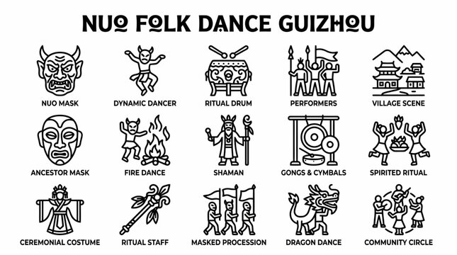 NuO Folk Dance Guizhou Icons: Masks, Dancers, Drums, Village