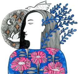 Hand-drawn ink illustration of a girl looking up at the sky.