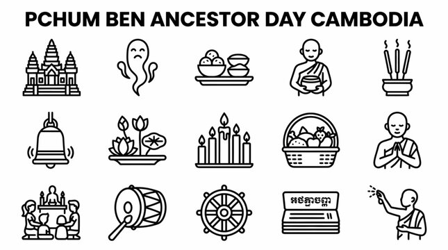 Pchum Ben Ancestor Day Cambodia Icons Set - Buddhist Traditions