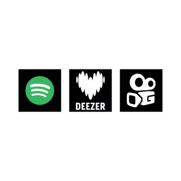 Set of flat vector social media logos including Spotify, Deezer, and Kwai arranged horizontally.