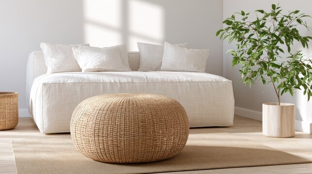 White minimalist sofa and round wicker ottoman interior