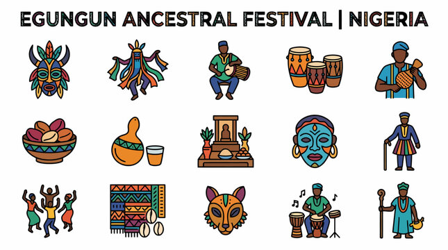 Egungun Festival Nigeria Icons: Mask, Drums, People, Culture