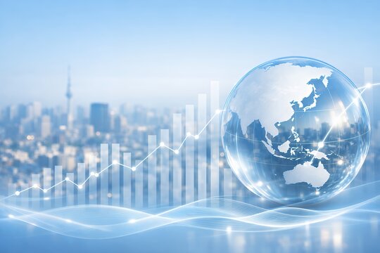 世界経済の成長を示す地球儀と未来都市のデータビジョン