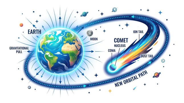 Earth attracting a comet into orbit. Planetary gravity pulling a space rock into path.