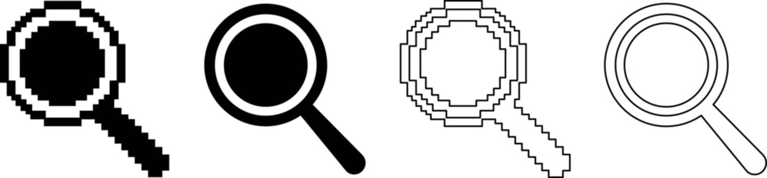 Collection of four magnifying glass icons in pixel art and outline styles