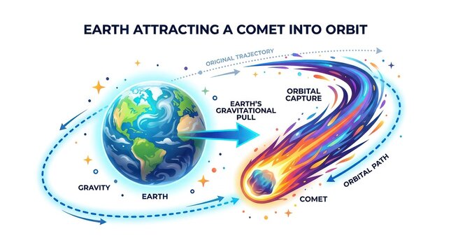 Earth gravitational pull on a comet. Orbital mechanics diagram of a planet capturing asteroid.