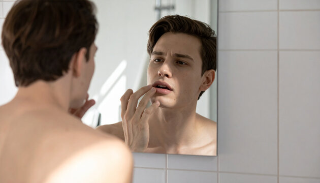 Young man looking thoughtful into bathroom mirror face care routine bare shoulder reflection grooming bathroom mirror skin care pimple concern