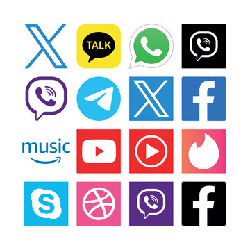 Set of flat vector social media logos including X, KakaoTalk, WhatsApp, Viber, Telegram, Facebook, Amazon Music, YouTube, Tinder, Skype, and Dribbble arranged in a 4x4 grid.