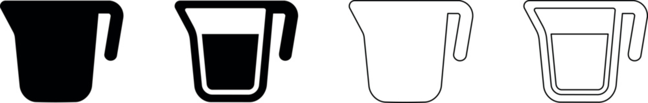 Set of four measuring cup icons in various styles and fill levels