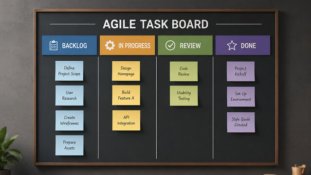 Agile Task Board Concept with Sticky Notes in Backlog, In Progress, Review, and Done Columns, Scrum Management Method, Kanban Board, Workflow, Project Planning, and Teamwork