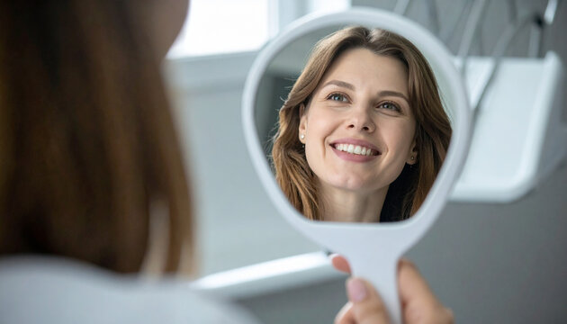 Smiling woman holding mirror in bathroom reflection personal care portrait beauty self image home hand face wellness