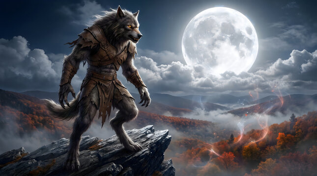 Werewolf stands upon a jagged cliff under the bright full moon while overlooking a misty autumn forest during the dark night hours.