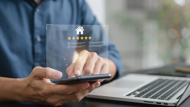 Person using smartphone to leave a five star review for a home service online