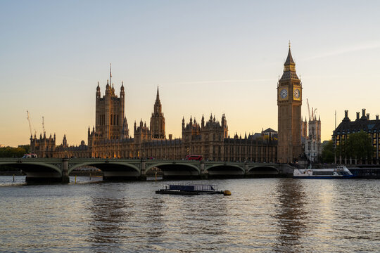 Panoramic View Of Big Ben And Westminster Palace At Golden Hour