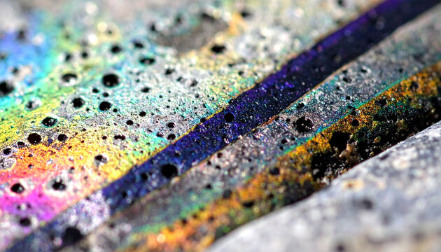 Iridescent mineral surface rough pebble texture macro closeup porous stone colorful speckled surface abstract background natural pattern glittering rock multicolor mineral shallow depth