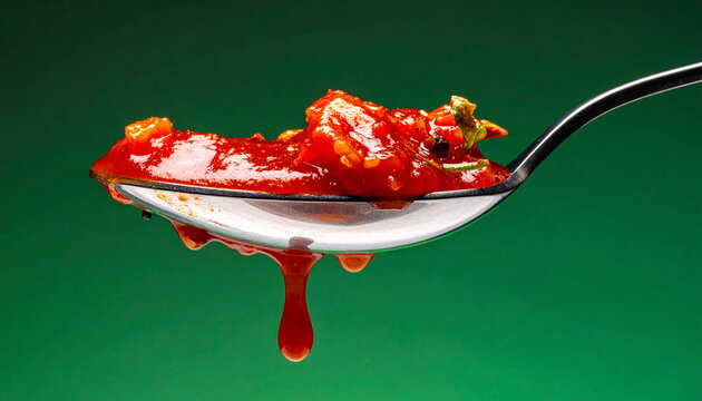 Tomato sauce on spoon red thick sauce close up food texture dripping sauce metal spoon green background condiment glossy sauce savory sauce