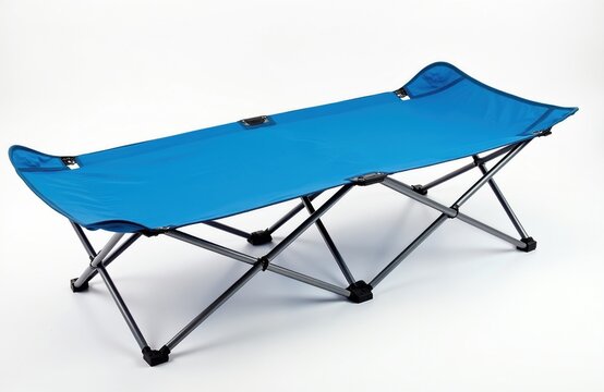 Blue collapsible cot for travel or camping, portable, lightweight, and foldable. Metal frame with fabric bed surface, ideal for outdoor adventures and temporary sleeping. Easy setup outdoor gear.