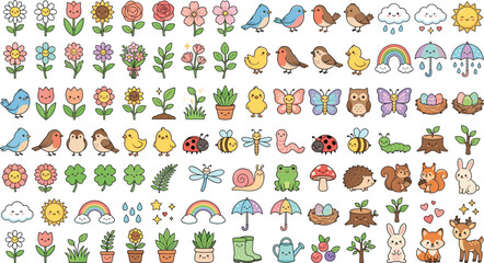 Naklejka premium Cute Spring Nature Icon Set Featuring Kawaii Animals, Flowers, Butterflies, Garden Pots, Rainy Umbrellas, and Forest Creatures for Vector Graphic Designs
