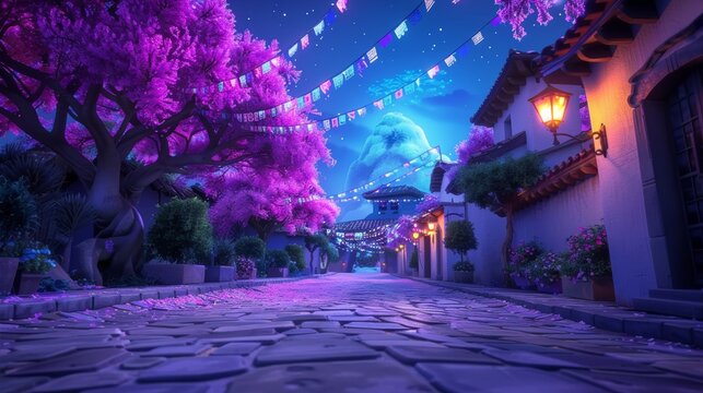 Colorful night street illuminated by lanterns with vibrant trees and festive decorations in a charming village