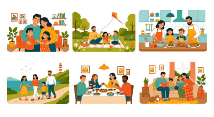 Fototapeta premium Set of six depicting happy family activities, including dining, cooking, reading, picnicking, and walking by the sea