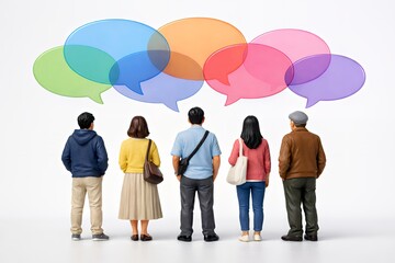 Naklejka premium 多様な人々が会話する吹き出しのコミュニケーションと意見交換