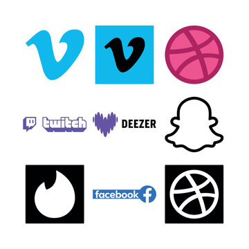 Set of flat vector social media logos including Vimeo, Dribbble, Twitch, Deezer, Snapchat, Tinder, and Facebook.