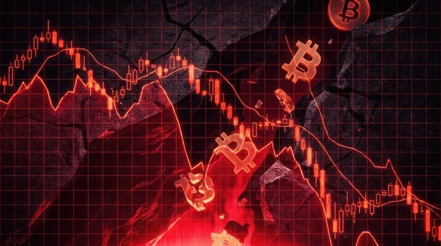 Bitcoin financial chart with red stock market crash lines.