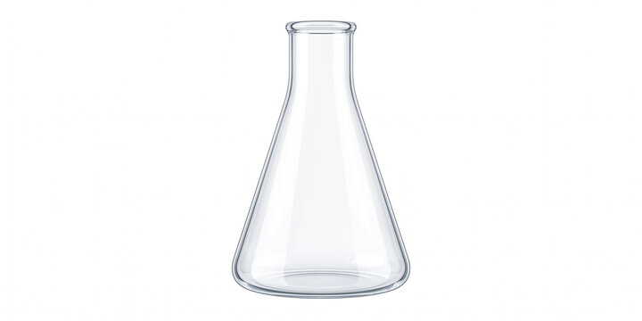 Empty clear glass Erlenmeyer flask, essential scientific laboratory glassware for diverse chemical experiments, biological research, and educational demonstrations
