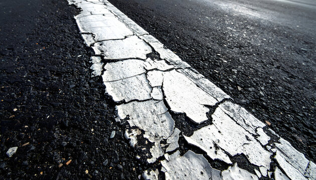 Cracked white paint line on dark asphalt road surface showing wear, weathering, and texture detail