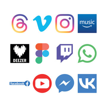 Set of flat vector social media logos including Threads, Vimeo, Instagram, Amazon Music, Deezer, Figma, Twitch, WhatsApp, Facebook, YouTube, Messenger, and VK.