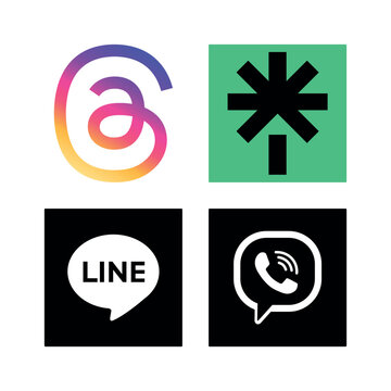 Set of flat vector social media logos including Threads, Linktree, LINE, and Viber arranged in a 2x2 grid for UI design.