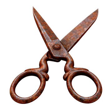Rusty metal scissors, isolated on transparent background